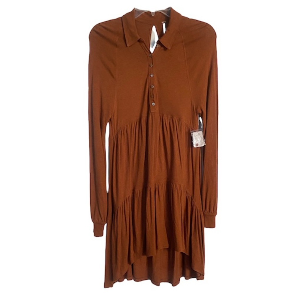 Free People Brown Long Sleeves Linen Blend Hi Low Dress NWT Size XS
